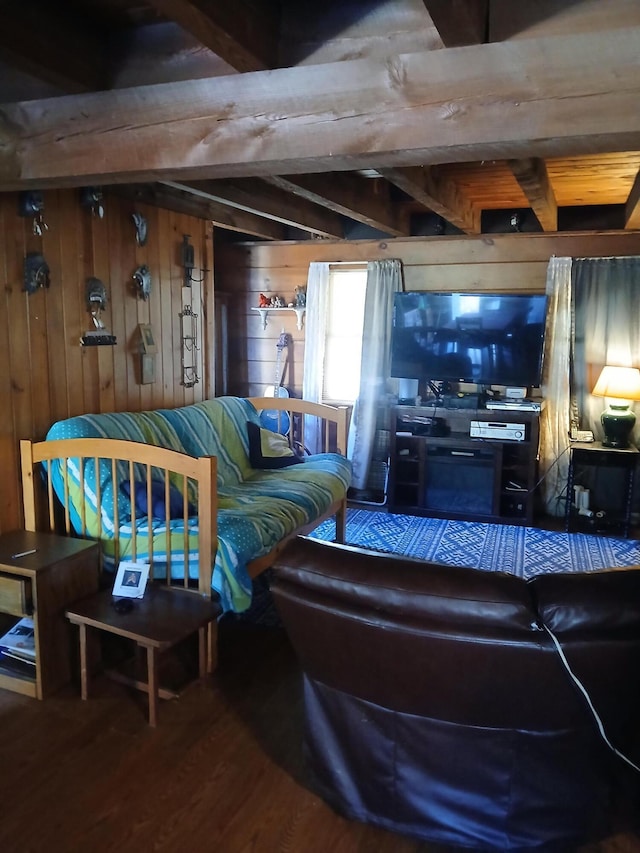 living room featuring wood ceiling, wood walls, beamed ceiling, and wood-type flooring