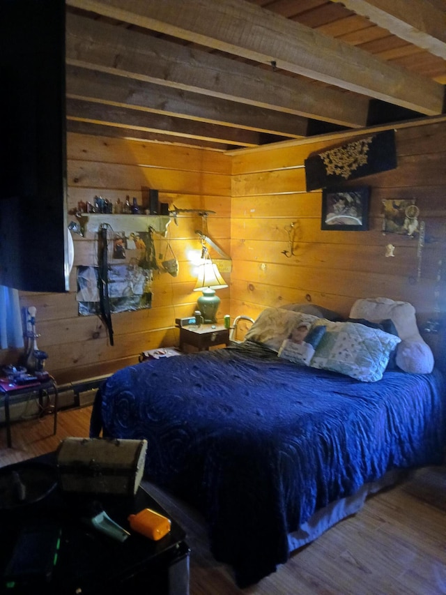 bedroom featuring wood-type flooring, beam ceiling, wood ceiling, and wood walls