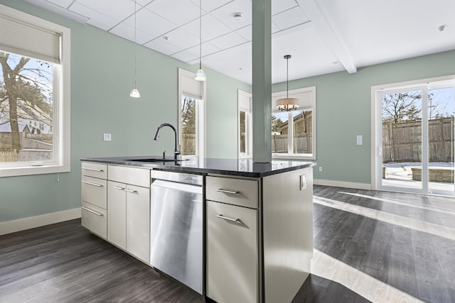 kitchen featuring white cabinets, hanging light fixtures, and dark wood-type flooring