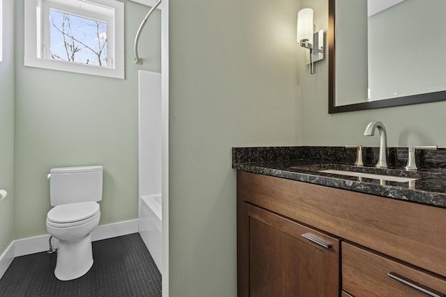 full bathroom with toilet, shower / washtub combination, vanity, and tile patterned floors