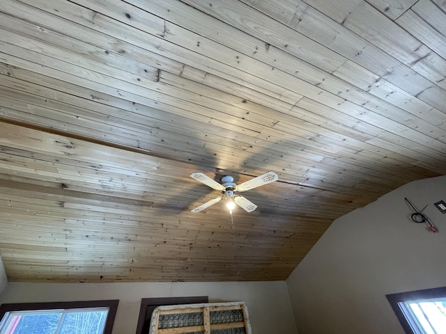 details with ceiling fan and wood ceiling