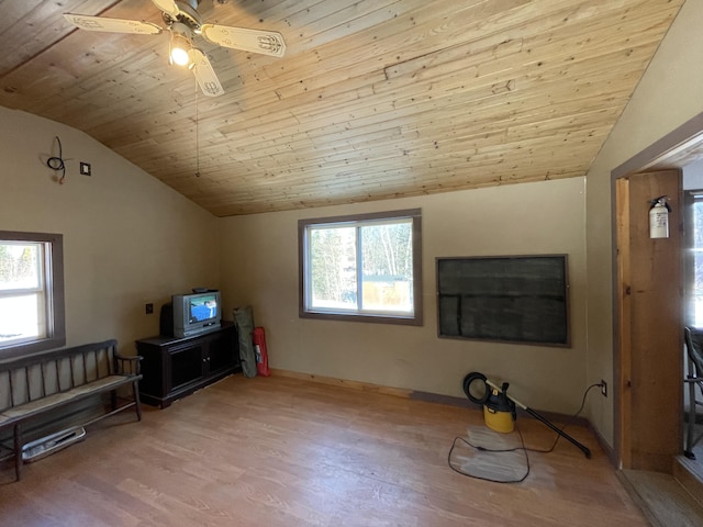 additional living space featuring ceiling fan, hardwood / wood-style floors, wood ceiling, and vaulted ceiling