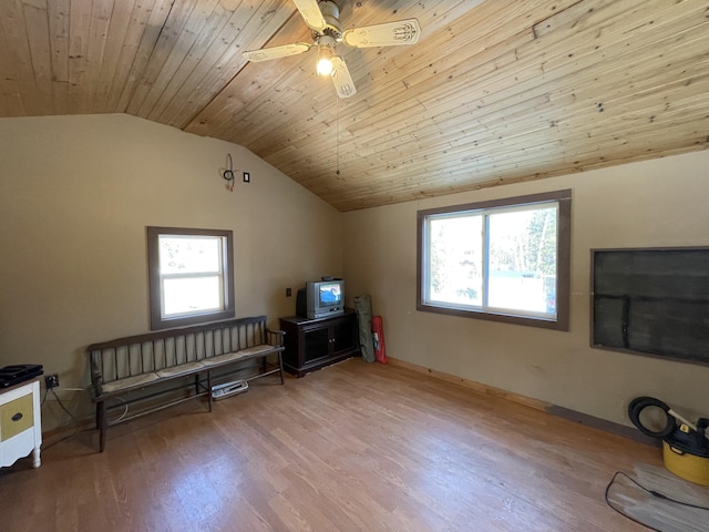 bonus room with ceiling fan, wood-type flooring, vaulted ceiling, and wooden ceiling