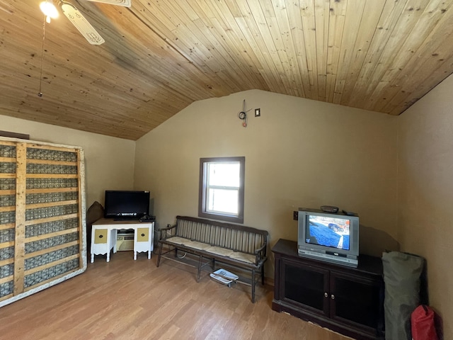 interior space featuring ceiling fan, light wood-type flooring, wood ceiling, and vaulted ceiling