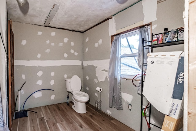 bathroom with toilet and hardwood / wood-style flooring