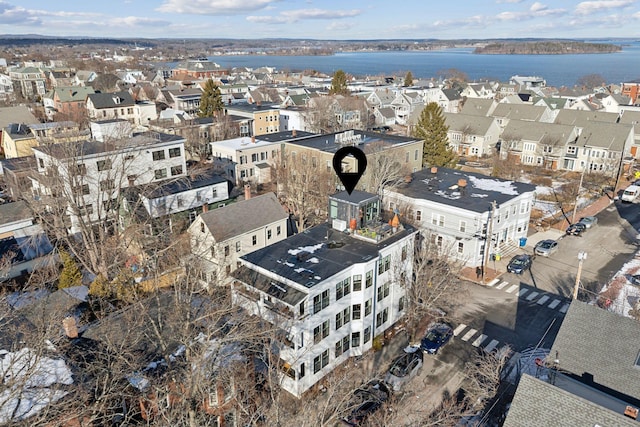 drone / aerial view featuring a water view