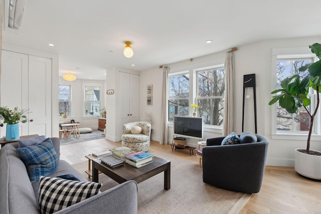 living room with light hardwood / wood-style floors and a wealth of natural light