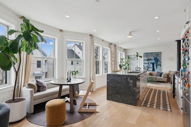 interior space featuring sink, light wood-type flooring, and plenty of natural light