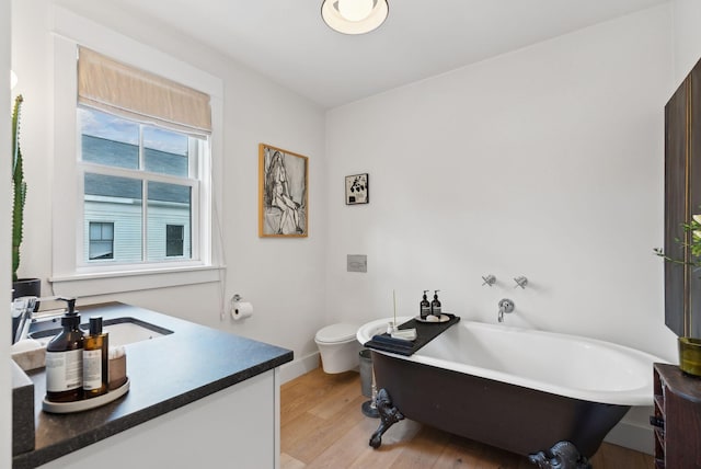 bathroom featuring toilet, wood-type flooring, vanity, and a bathtub