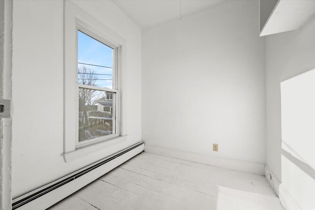 empty room with light hardwood / wood-style flooring and a baseboard radiator