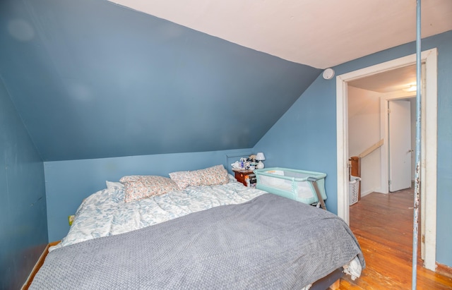 bedroom with lofted ceiling and wood-type flooring