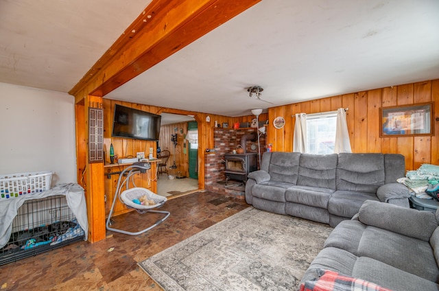 living room with a wood stove and wood walls