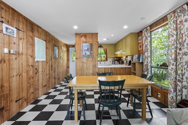 36 Storer Rd, Bremen, ME 04551 - dining space with tile patterned floors, wooden walls, and recessed lighting