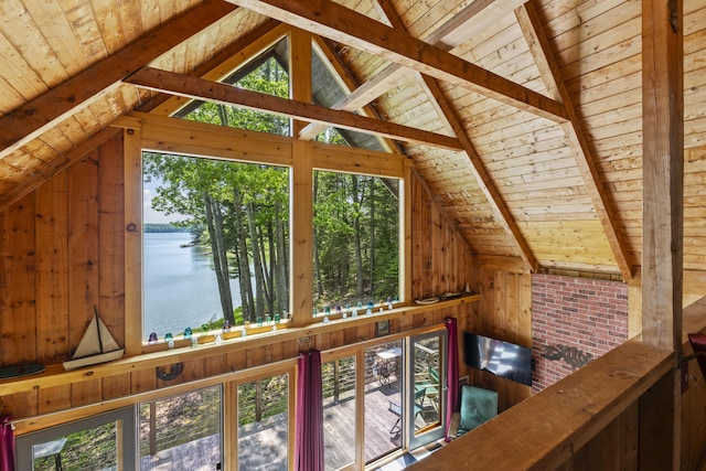 36 Storer Rd, Bremen, ME 04551 - detailed view of a wooden ceiling with exposed beams and wooden walls
