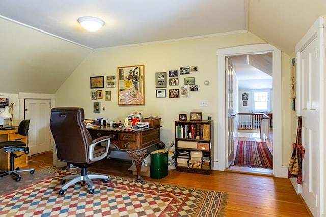 50 Peters Rd, Searsmont, ME 04973 - home office with wood finished floors, ornamental molding, and lofted ceiling