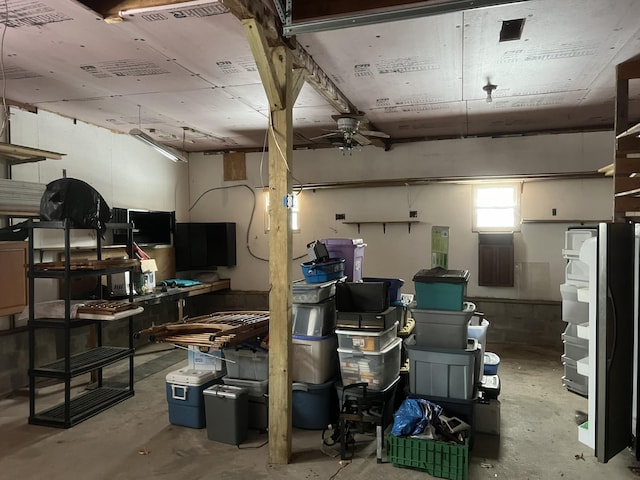 basement featuring ceiling fan