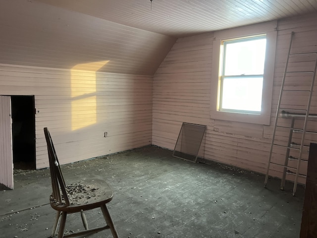 additional living space featuring wooden walls and vaulted ceiling