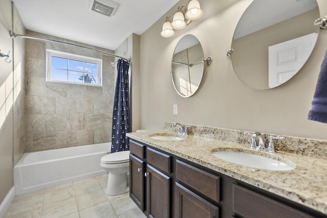 full bathroom with toilet, shower / bathtub combination with curtain, tile patterned floors, and vanity