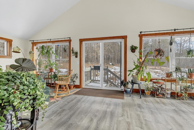 entryway with high vaulted ceiling and light hardwood / wood-style floors