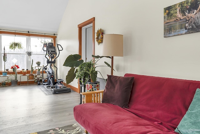 sitting room with hardwood / wood-style floors and vaulted ceiling