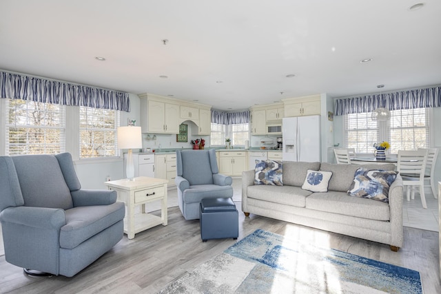 living room featuring light hardwood / wood-style floors and sink