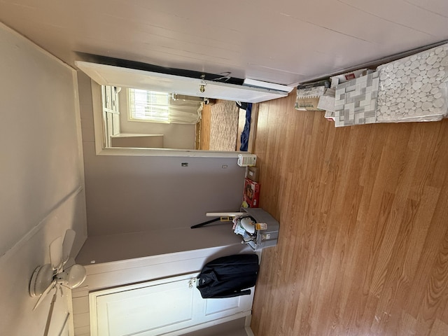 bathroom featuring wood walls