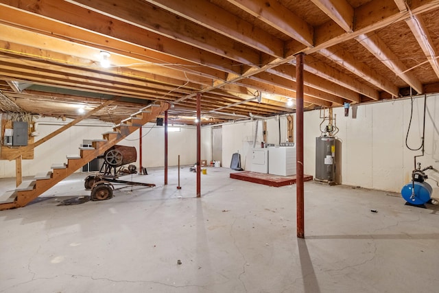 basement with electric panel, independent washer and dryer, and electric water heater