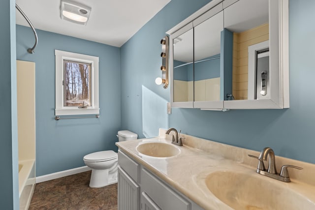 full bathroom with toilet, vanity, and bathing tub / shower combination