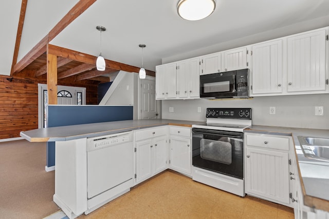 kitchen featuring white cabinetry, kitchen peninsula, white dishwasher, electric range, and pendant lighting