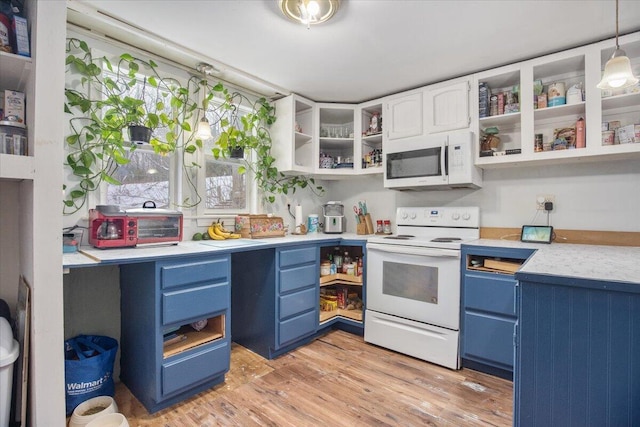 kitchen with white appliances, light hardwood / wood-style floors, white cabinetry, decorative light fixtures, and blue cabinets