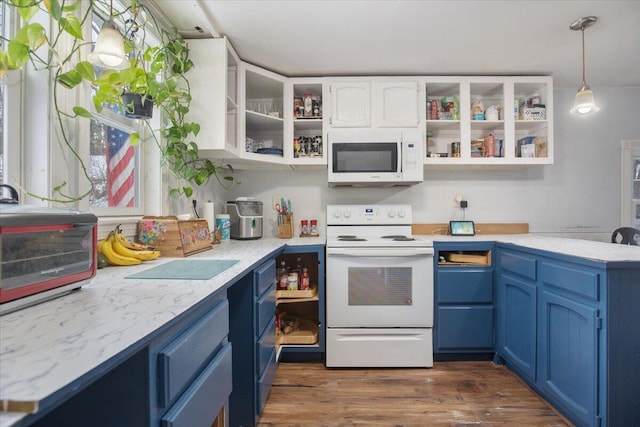 kitchen with white appliances, dark hardwood / wood-style floors, decorative light fixtures, white cabinetry, and blue cabinets