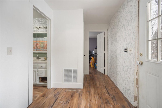 hall with sink and hardwood / wood-style floors