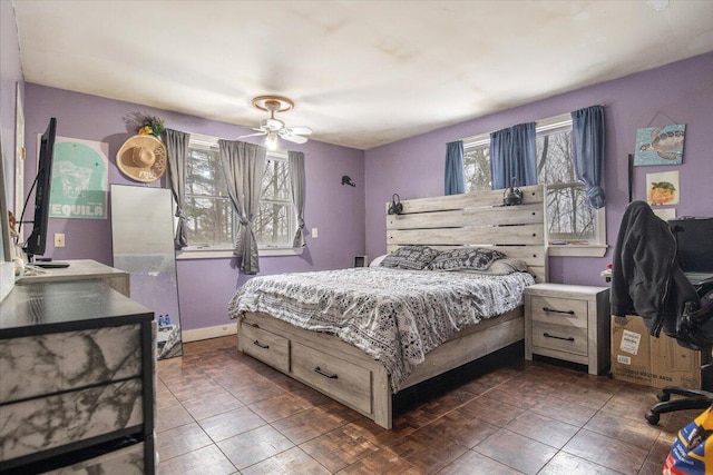 bedroom featuring ceiling fan and multiple windows