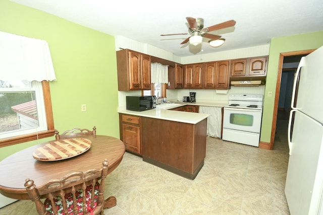 kitchen with white appliances, kitchen peninsula, ceiling fan, sink, and backsplash