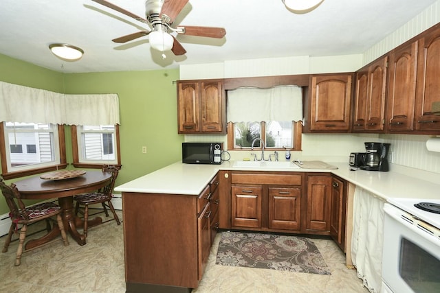 kitchen featuring white range with electric stovetop, ceiling fan, and sink