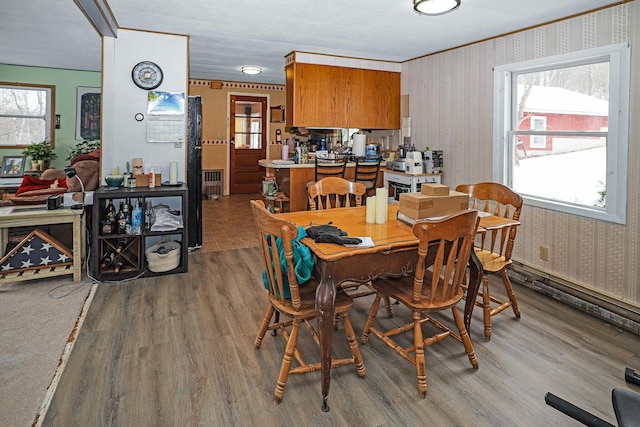 dining area featuring wood-type flooring, ornamental molding, and radiator