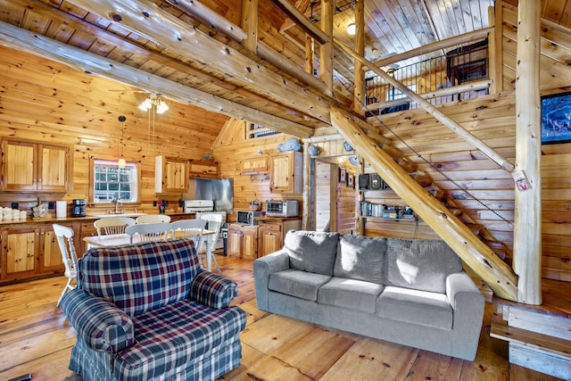 living room with high vaulted ceiling, wood walls, light wood-type flooring, and wood ceiling