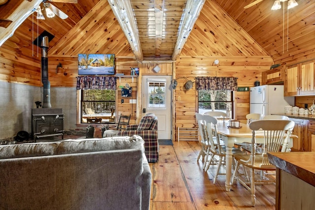 living room featuring wood ceiling, light hardwood / wood-style floors, beamed ceiling, wooden walls, and a wood stove