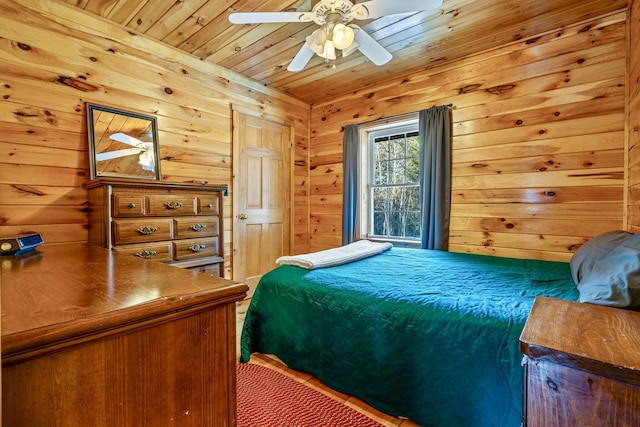 bedroom with ceiling fan, wood ceiling, and wooden walls