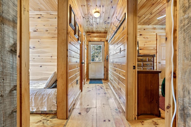 corridor featuring light wood-type flooring, wooden ceiling, and wood walls