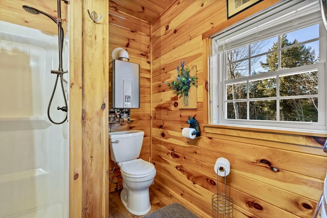 bathroom with toilet, wood walls, wooden ceiling, and tankless water heater