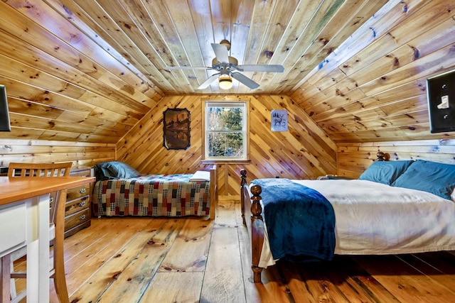 bedroom featuring light wood-type flooring, ceiling fan, wooden walls, and wooden ceiling