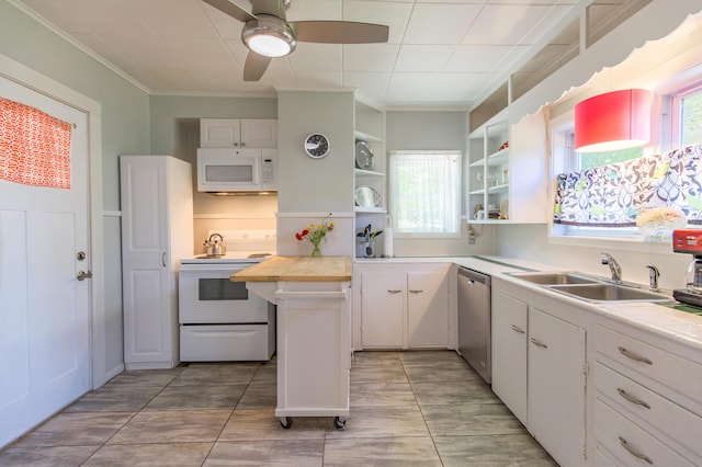 kitchen featuring a sink, ornamental molding, white appliances, white cabinetry, and open shelves