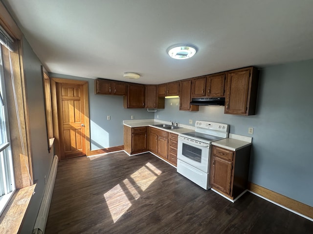 kitchen with a baseboard radiator, white electric range, dark hardwood / wood-style floors, and sink