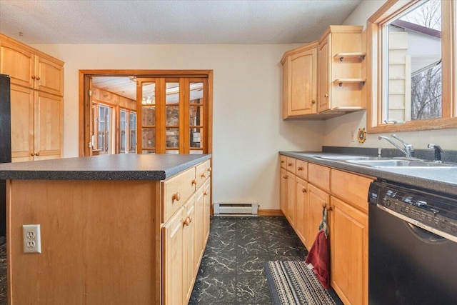 kitchen featuring baseboard heating, dishwasher, a textured ceiling, light brown cabinets, and sink