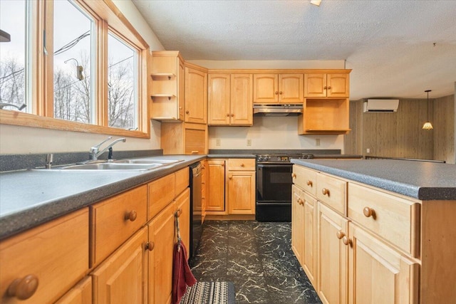 kitchen with dishwasher, an AC wall unit, range with electric cooktop, a textured ceiling, and sink