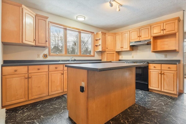 kitchen featuring electric range, a center island, sink, and a textured ceiling