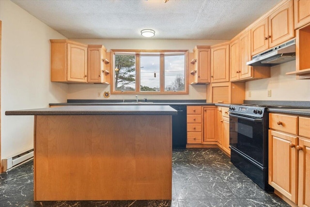 kitchen with black appliances, light brown cabinetry, a textured ceiling, and a baseboard heating unit