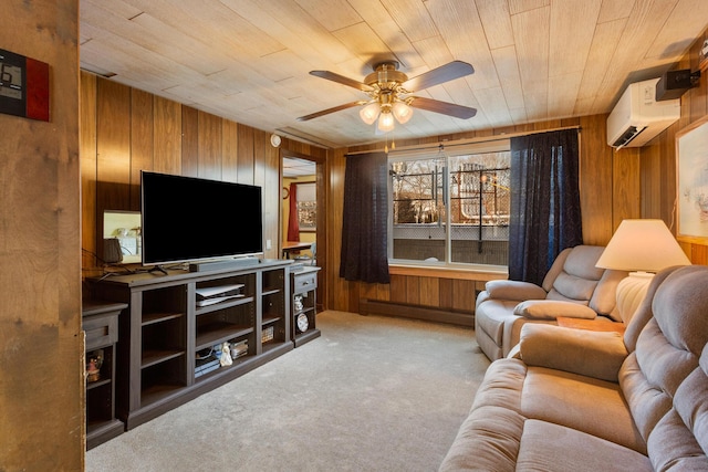 carpeted living room featuring a baseboard heating unit, wooden walls, a wall unit AC, and wood ceiling