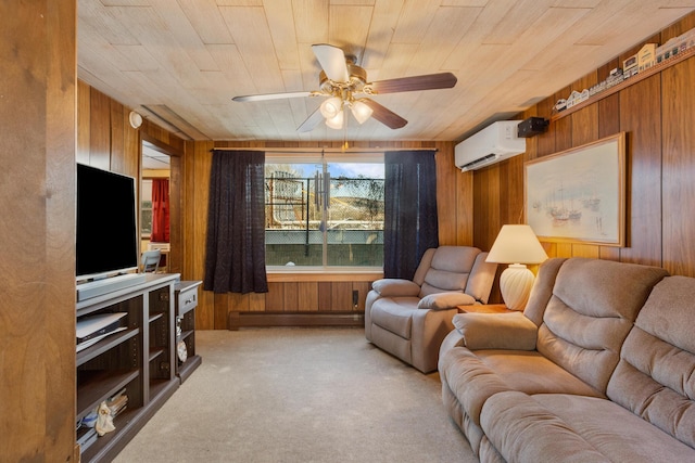 carpeted living room with wood ceiling, a baseboard radiator, a wall mounted air conditioner, and wooden walls